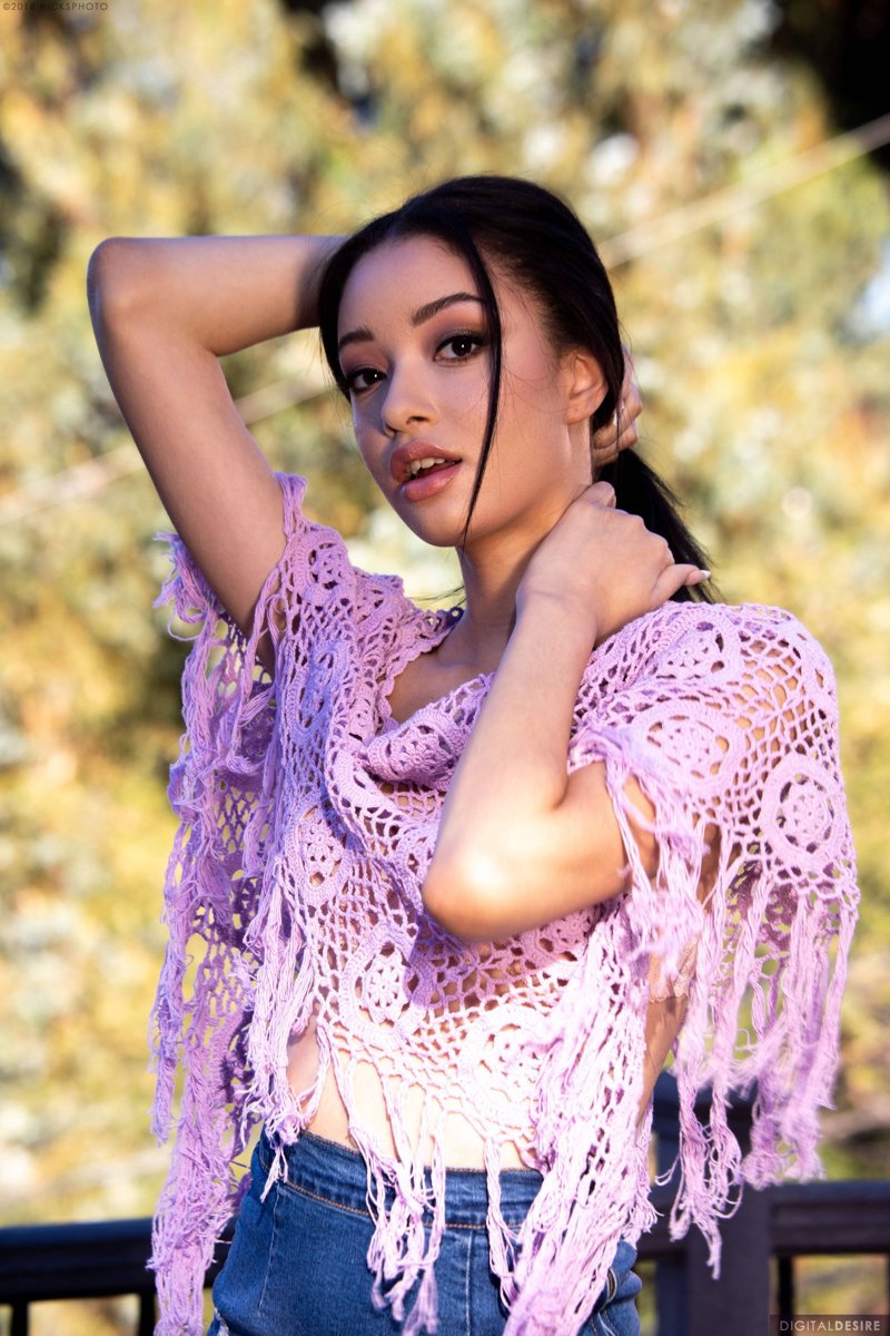 Scarlett Bloom in a Crocheted Shirt
