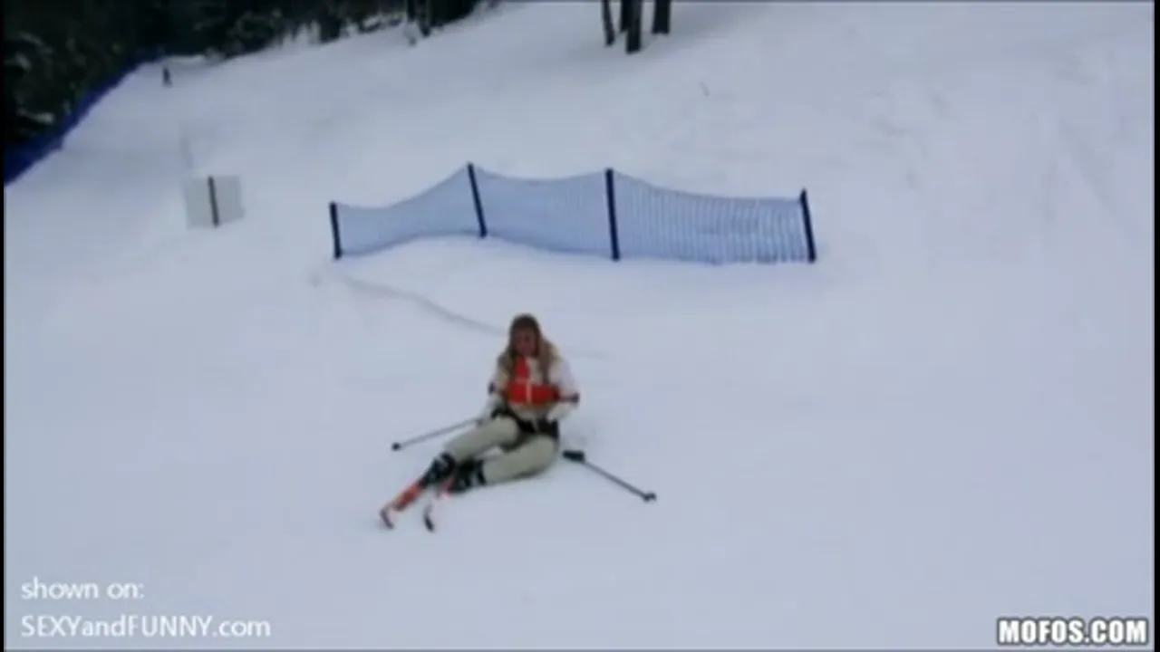 Hot Skiing Blonde Gets Talked into Showing a Guy her Boobs